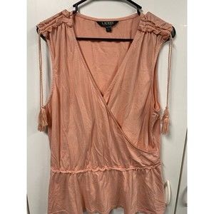 Ralph Lauren Womens Peplum Top Shirt XL Peach Ruched Tie Shoulders Tunic